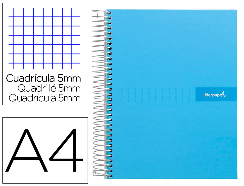 CUADERNO ESPIRAL LIDERPAPEL A4 MICRO CRAFTY TAPA FORRADA 120H 90GR CUADRO 5MM 5 BANDAS 4 COLORES CELESTE