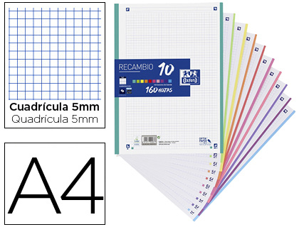RECAMBIO COLOR OXFORD A4 160 HOJAS OPTIK PAPER+ CUADRO 5 MM 4 TALADROS BANDA 10 COLORES