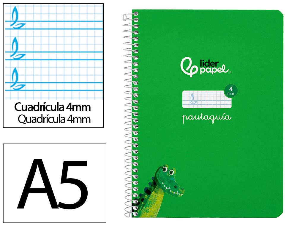CUADERNO ESPIRAL LIDERPAPEL A5 PAUTAGUIA TAPA BLANDA 40H 75GR CUADRO PAUTADO 4MM COLOR VERDE