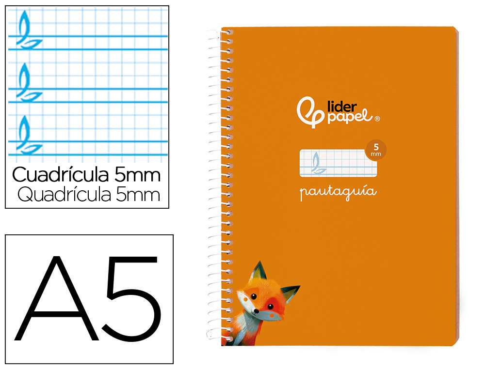 CUADERNO ESPIRAL LIDERPAPEL A5 PAUTAGUIA TAPA BLANDA 40H 75GR CUADRO PAUTADO 5MM COLOR NARANJA
