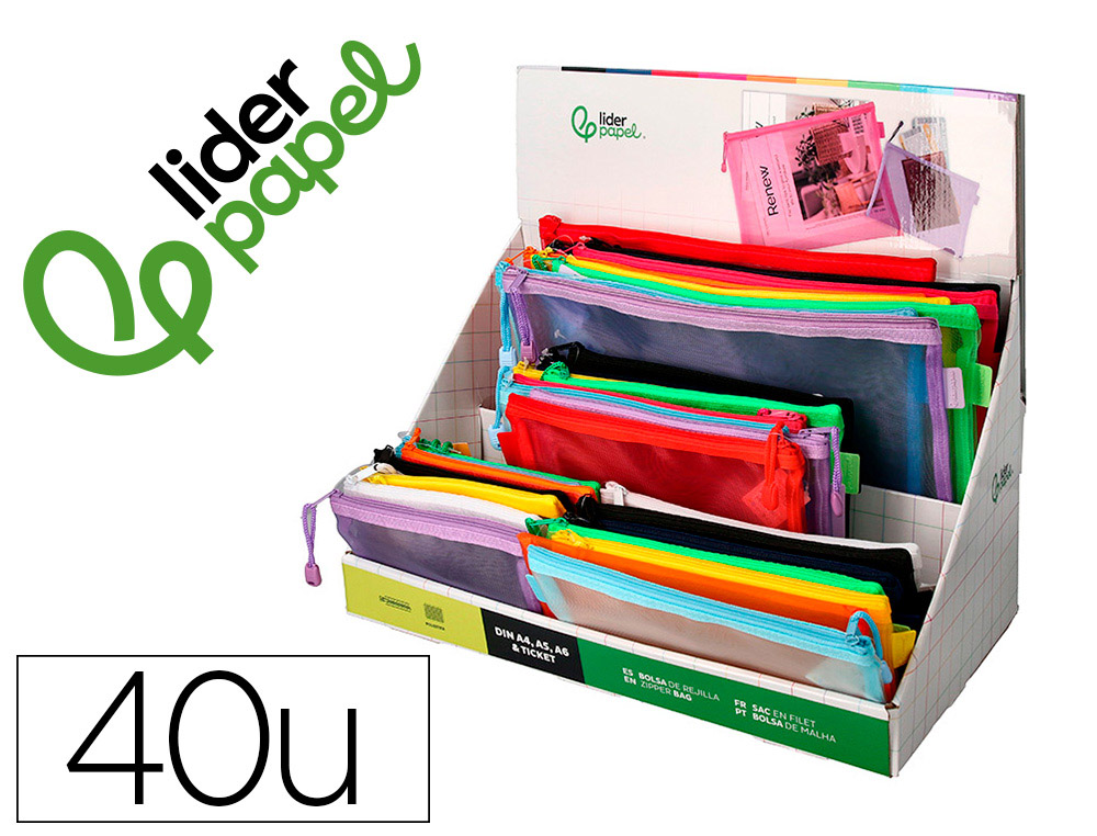 BOLSA ZIPPER BAG LIDERPAPEL POLIESTER TRANSPIRABLE MULTIUSOS EXPOSITOR DE 40 UNIDADES TAMAÑOS Y COLORES
