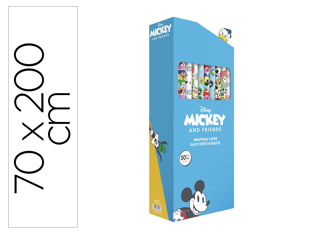 PAPEL DE REGALO BASIKA DISNEY MICKEY AND FRIENDS ROLLO ANCHO 70 CM LONGITUD 2 MT DISEOS SURTIDOS GRAMAJE 60