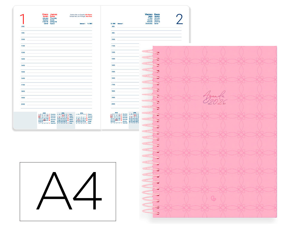 AGENDA ESPIRAL LIDERPAPEL PERISSA A4 2026 DIA PAGINA ROSA PAPEL 80 GR FSC