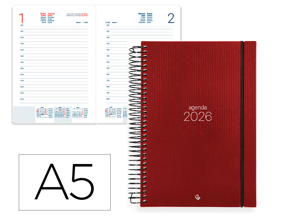 AGENDA ESPIRAL LIDERPAPEL OLBIA A5 2026 DIA PAGINA ROJO PAPEL 60 GR FSC