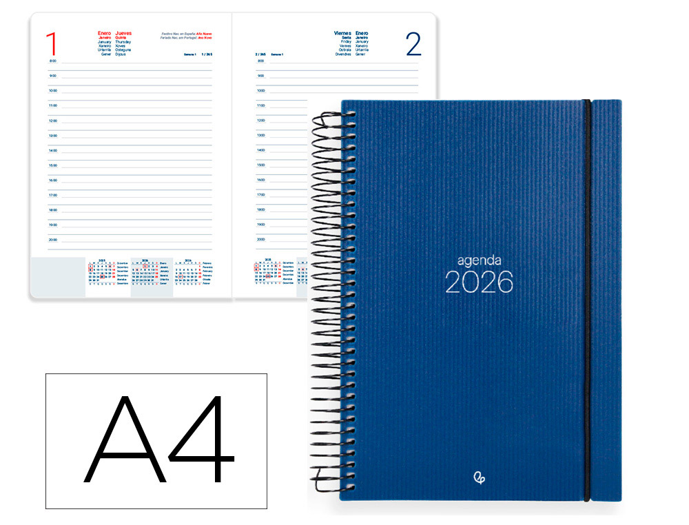 AGENDA ESPIRAL LIDERPAPEL OLBIA A4 2026 DIA PAGINA AZUL PAPEL 60 GR FSC