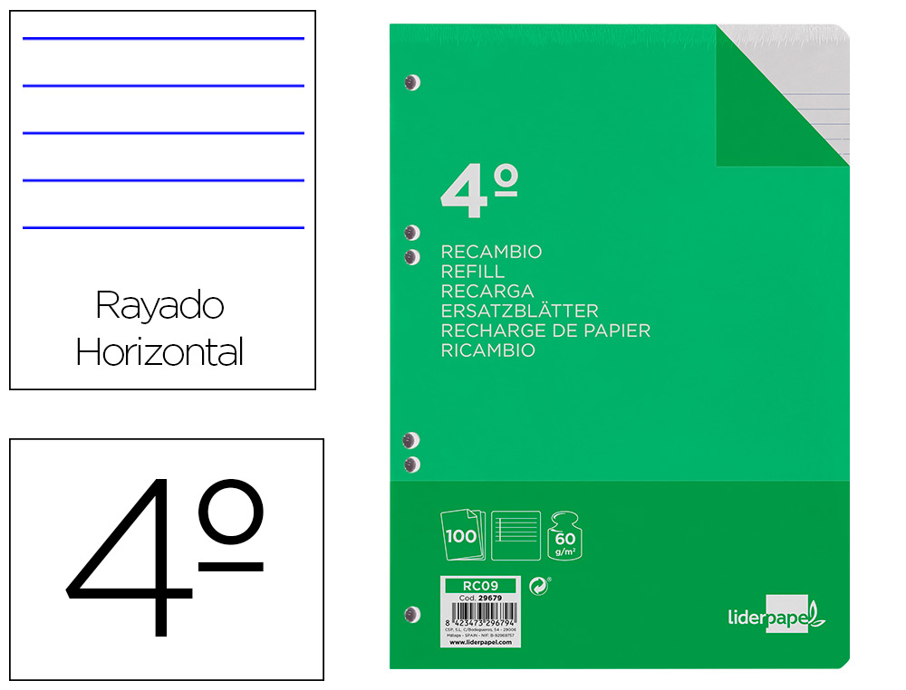 RECAMBIO LIDERPAPEL CUARTO 100 HOJAS 60GR HORIZONTAL CON MARGEN 6 TALADROS