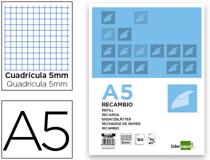 RECAMBIO LIDERPAPEL A5 120 HOJAS 75GR CUADRO 5MM SIN MA RGEN 6 TALADROS BANDAS DE 5 COLORES