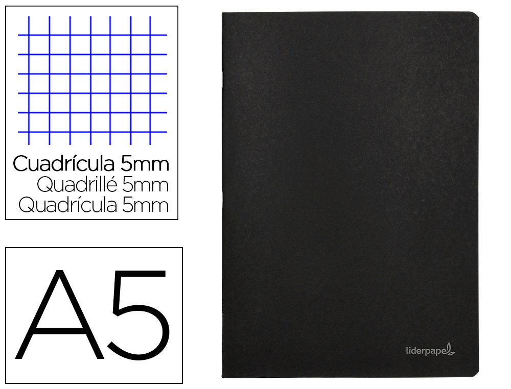 LIBRETA LIDERPAPEL TAPA NEGRA A5 80 HOJAS 60GR CUADRO 5MM CON DOBLE MARGEN