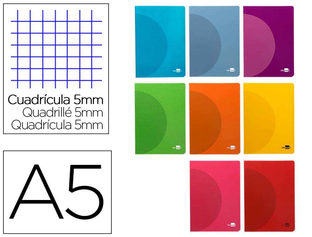 LIBRETA LIDERPAPEL 360 TAPA DE PLASTICO A5 48 HOJAS 90GR 5MM CON DOBLE MARGEN COLORES SURTIDOS
