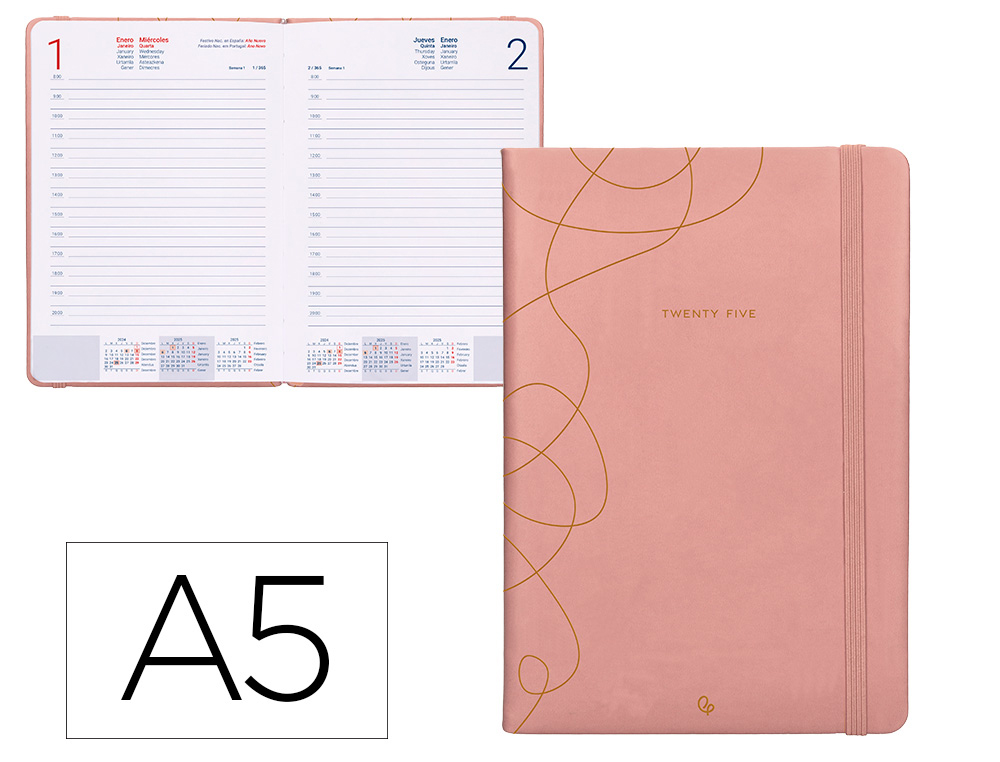 AGENDA ENCUADERNADA LIDERPAPEL EFIRA A5 2025 DIA PAGINA COLOR ROSA NUDE PAPEL 70 GR