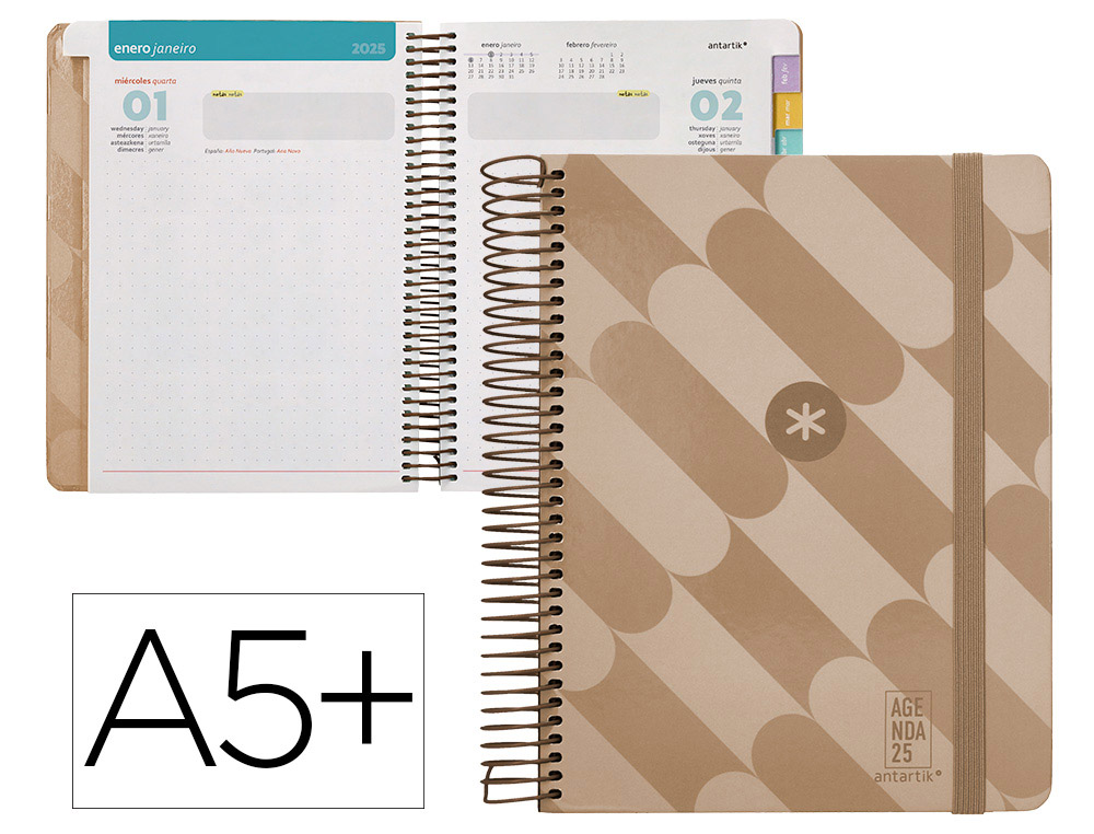 AGENDA ESPIRAL ANTARTIK PATTERN A5+ 2025 DIA PAGINA COLOR ROSA NUDE PAPEL 80 GR