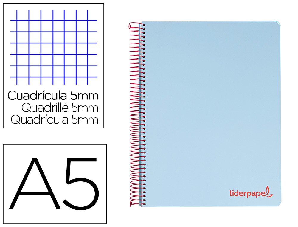 CUADERNO ESPIRAL LIDERPAPEL A5 MICRO WONDER TAPA PLASTICO 120H 90GR CUADRO 5MM 5 BANDAS 6 TALADROS COLOR CELESTE