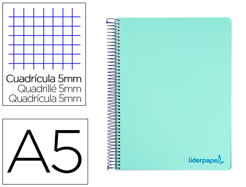 CUADERNO ESPIRAL LIDERPAPEL A5 MICRO WONDER TAPA PLASTICO 120H 90GR CUADRO 5MM 5 BANDAS 6 TALADRO COLOR VERDE TURQUESA