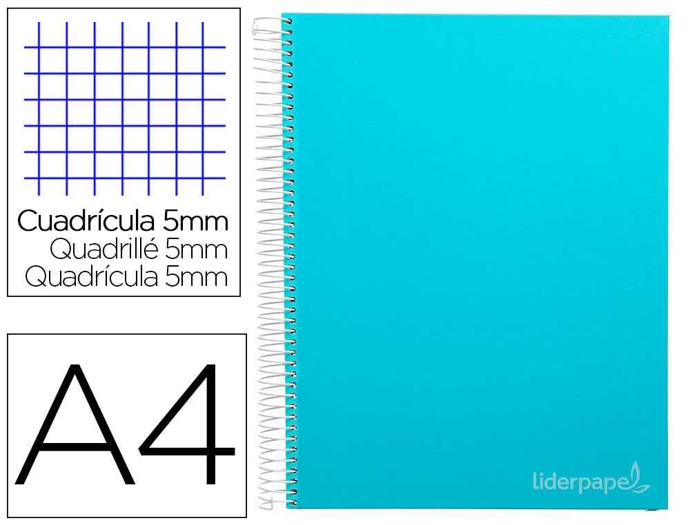 CUADERNO ESPIRAL LIDERPAPEL A4 MICRO JOLLY TAPA FORRADA 140H 75GR CUADRO 5MM 5 BANDAS 4 TALADROS COLOR CELESTE