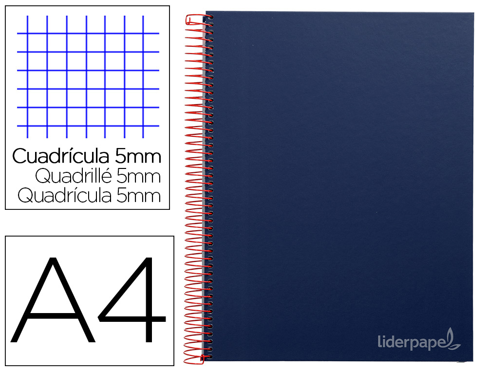 CUADERNO ESPIRAL LIDERPAPEL A4 MICRO JOLLY TAPA FORRADA 140H 75GR CUADRO 5MM 5 BANDAS 4 TALADROS COLOR AZUL