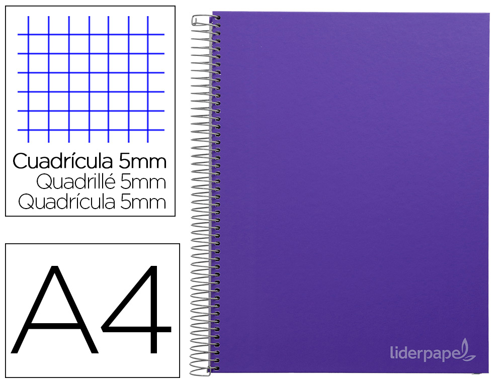 CUADERNO ESPIRAL LIDERPAPEL A4 MICRO JOLLY TAPA FORRADA 140H 75GR CUADRO 5MM 5 BANDAS 4 TALADROS COLOR LILA