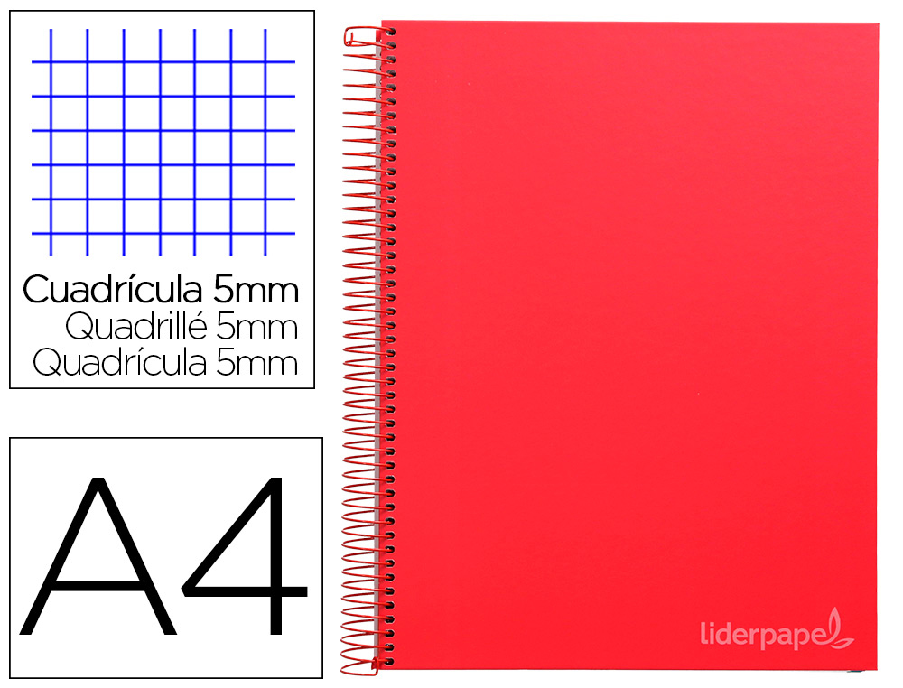 CUADERNO ESPIRAL LIDERPAPEL A4 MICRO JOLLY TAPA FORRADA 140H 75GR CUADRO 5MM 5 BANDAS 4 TALADROS COLOR ROJO