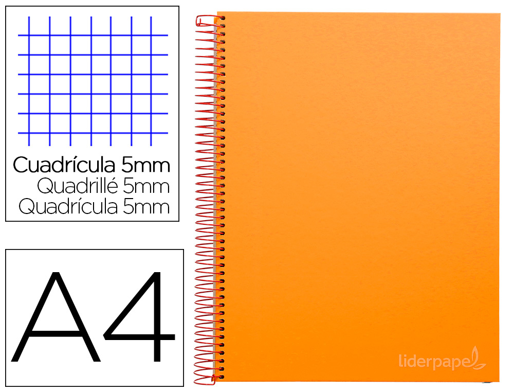 CUADERNO ESPIRAL LIDERPAPEL A4 MICRO JOLLY TAPA FORRADA 140H 75GR CUADRO 5MM 5 BANDAS 4 TALADROS COLOR NARANJA