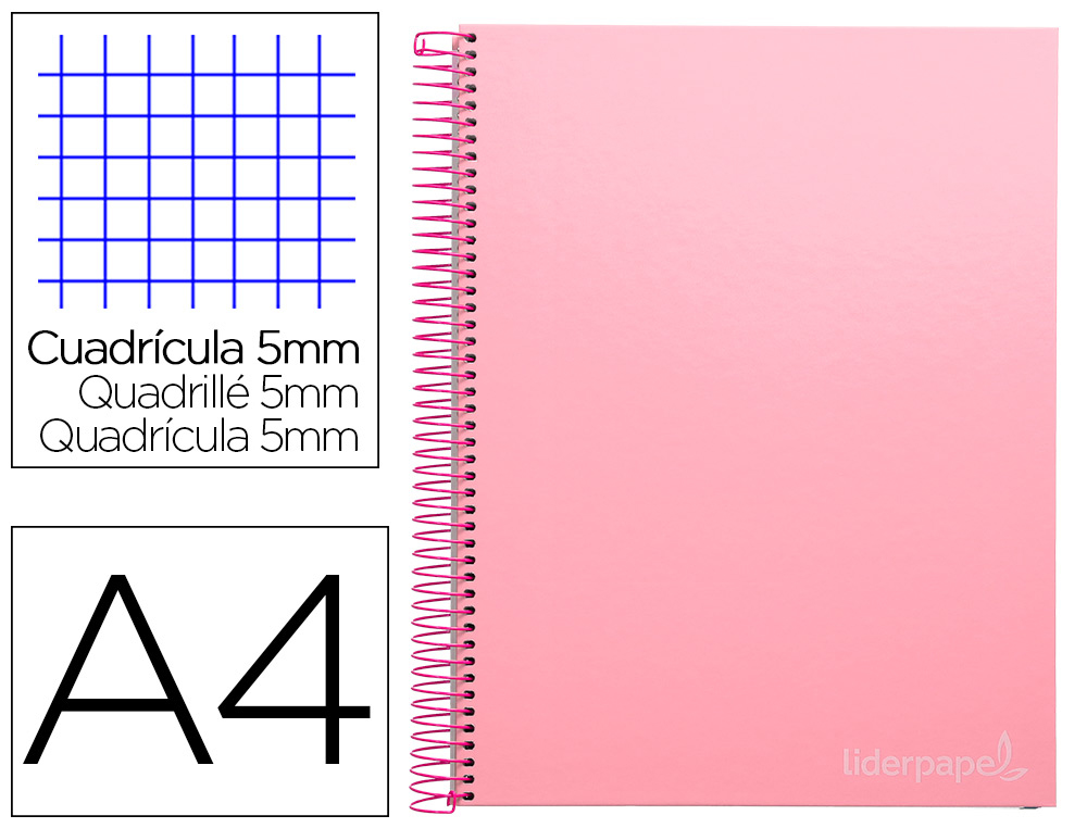 CUADERNO ESPIRAL LIDERPAPEL A4 MICRO JOLLY TAPA FORRADA 140H 75GR CUADRO 5MM 5 BANDAS 4 TALADROS COLOR ROSA