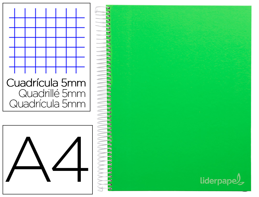 CUADERNO ESPIRAL LIDERPAPEL A4 MICRO JOLLY TAPA FORRADA 140H 75GR CUADRO 5MM 5 BANDAS 4 TALADROS COLOR VERDE