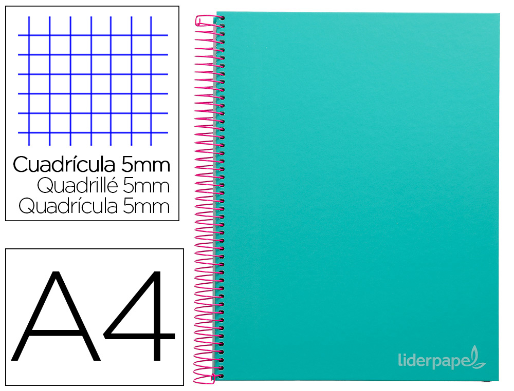 CUADERNO ESPIRAL LIDERPAPEL A4 MICRO JOLLY TAPA FORRADA 140H 75GR CUADRO 5MM 5 BANDAS 4 TALADROS COLOR TURQUESA