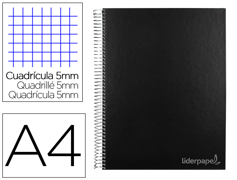 CUADERNO ESPIRAL LIDERPAPEL A4 MICRO JOLLY TAPA FORRADA 140H 75GR CUADRO 5MM 5 BANDAS 4 TALADROS COLOR NEGRO