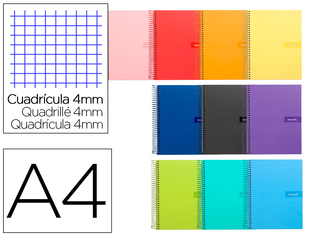 CUADERNO ESPIRAL LIDERPAPEL A4 CRAFTY TAPA FORRADA 80H 90GR CUADRO 4MM CON MARGEN COLORES SURTIDOS