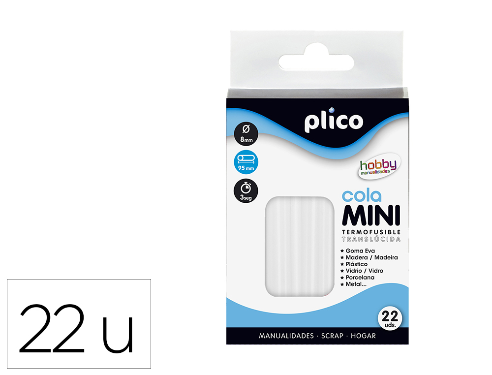 BARRA TERMOFUSIBLE PLICO MINI TRANSLUCIDA 8 MM DE DIAMETRO X 95 MM DE ALTO BLISTER DE 22 UNIDADES