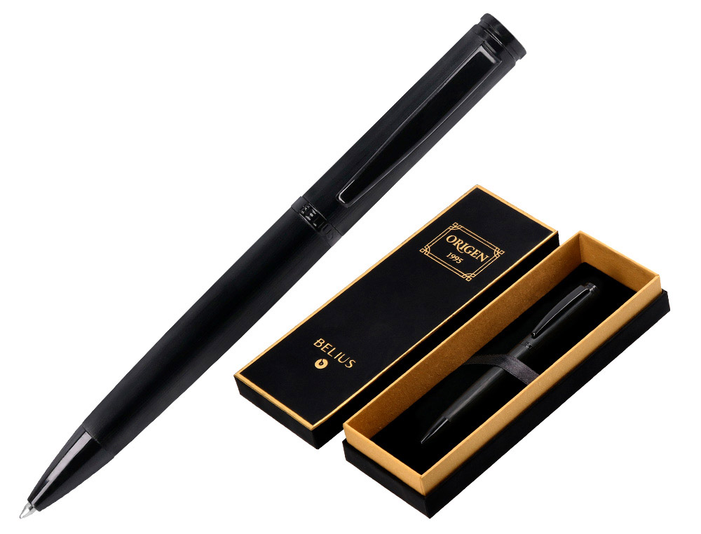 BOLIGRAFO BELIUS ORIGEN 1995 ALUMINIO TEXTURA CEPILLADA COLOR NEGRO TINTA AZUL CAJA DE DISEO