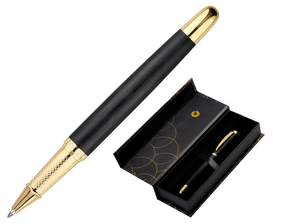 BOLIGRAFO BELIUS PASSION DOR ALUMINIO TEXTURA CEPILLADA COLOR NEGRO Y DORADO TINTA AZUL CAJA DE DISEO