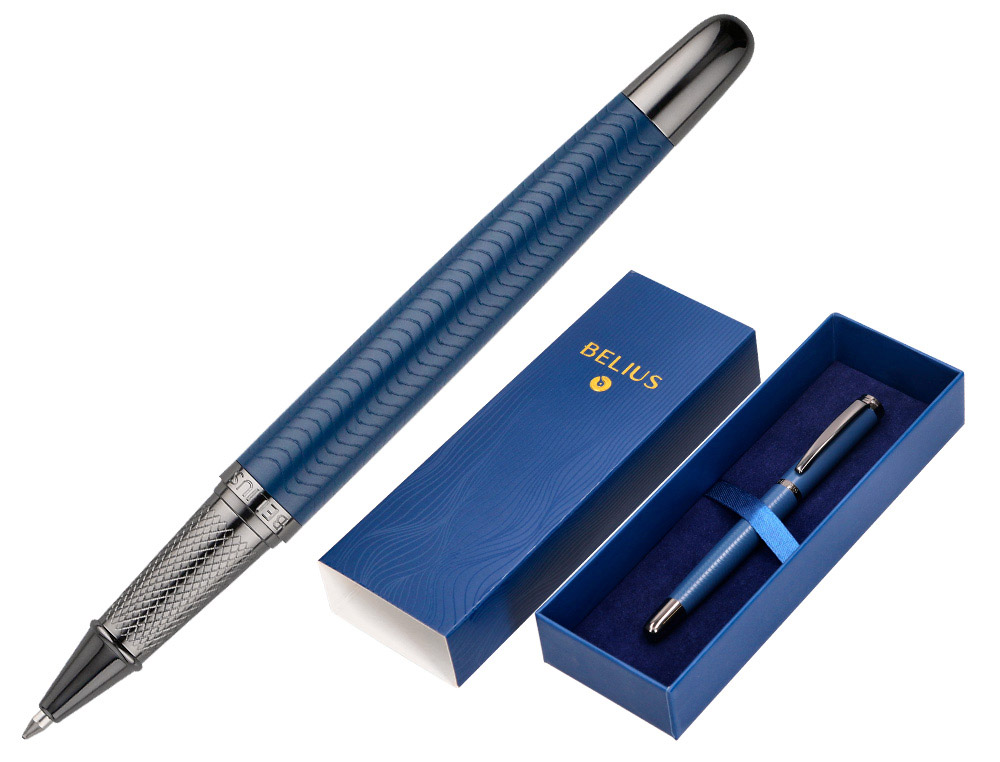 BOLIGRAFO BELIUS NEPTUNO ALUMINIO TEXTURA WAVY COLOR AZUL MARINO TINTA AZUL CAJA DE DISEO