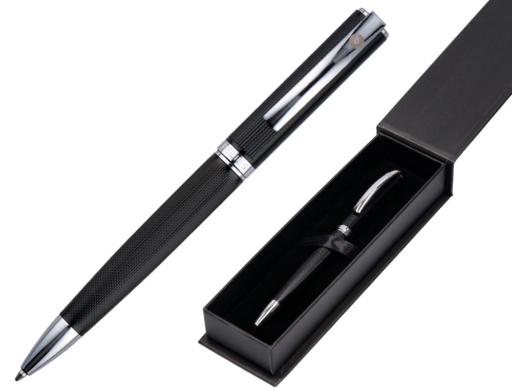 BOLIGRAFO BELIUS TURBO ALUMINIO TEXTURA PUNTEADA COLOR NEGRO Y PLATEADO TINTA AZUL CAJA DE DISEO