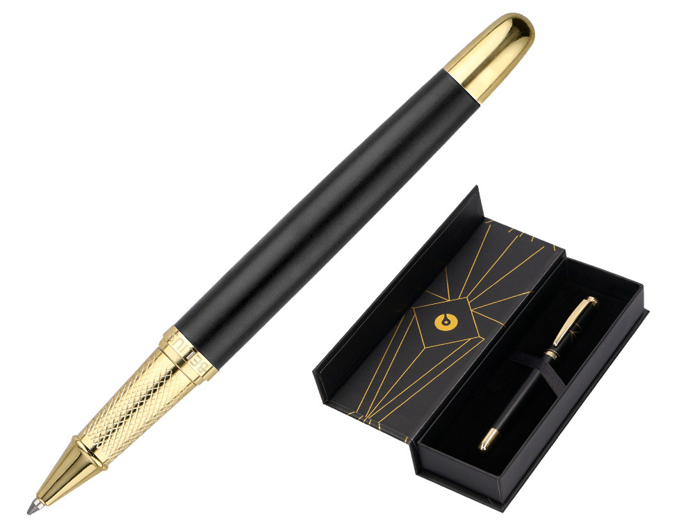 BOLIGRAFO BELIUS SOIREE ALUMINIO COLOR ART DECO NEGRO Y DORADO TINTA AZUL CAJA DE DISEO