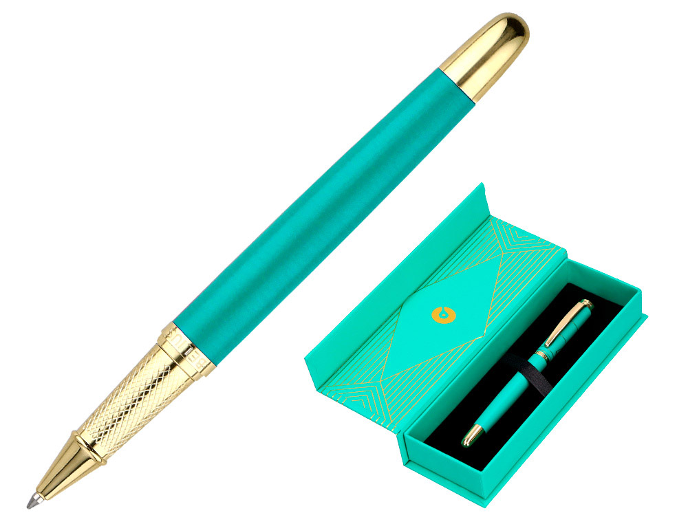 BOLIGRAFO BELIUS SOIREE ALUMINIO COLOR ART DECO TURQUESA Y DORADO TINTA AZUL CAJA DE DISEO