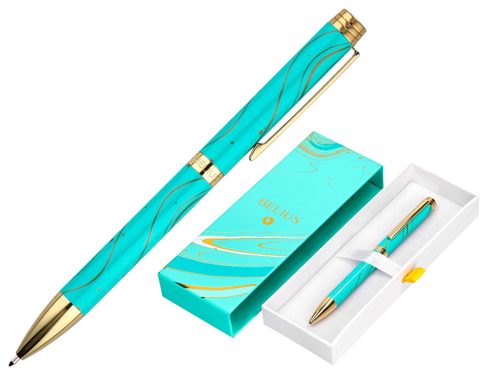 BOLIGRAFO BELIUS AQUA ALUMINIO COLOR TURQUESA Y DORADO TINTA AZUL CAJA DE DISEO