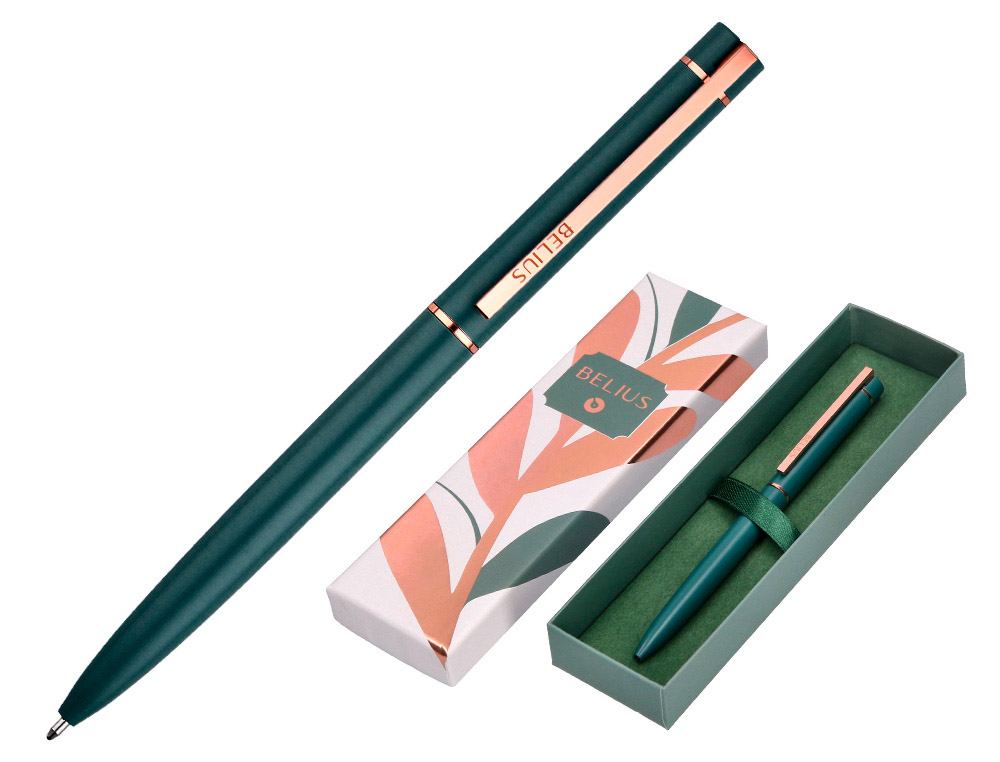 BOLIGRAFO BELIUS ROSE ALUMINIO COLOR VERDE OLIVA/ORO ROSA TINTA AZUL CAJA DE DISEO
