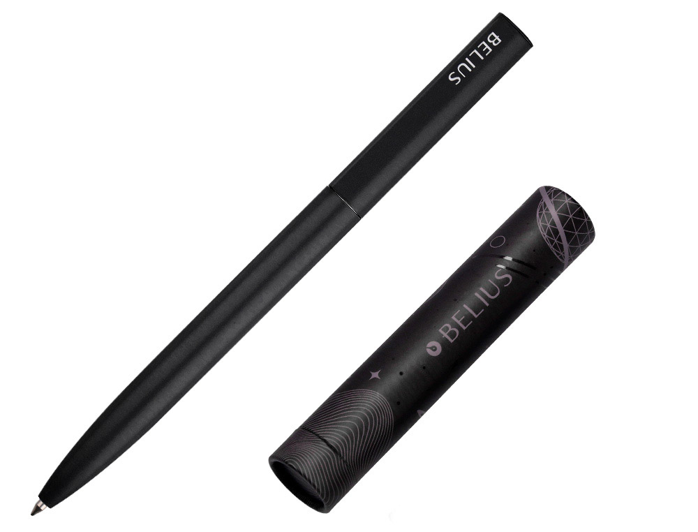 BOLIGRAFO BELIUS ROCKET B ALUMINIO COLOR MINIMALISTA NEGRO TINTA AZUL CAJA CILINDRICA
