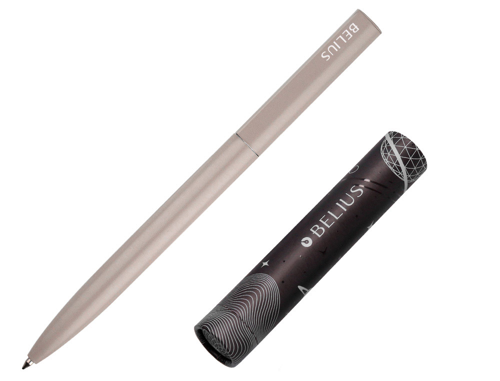 BOLIGRAFO BELIUS ROCKET B ALUMINIO COLOR MINIMALISTA GRIS TINTA AZUL CAJA CILINDRICA