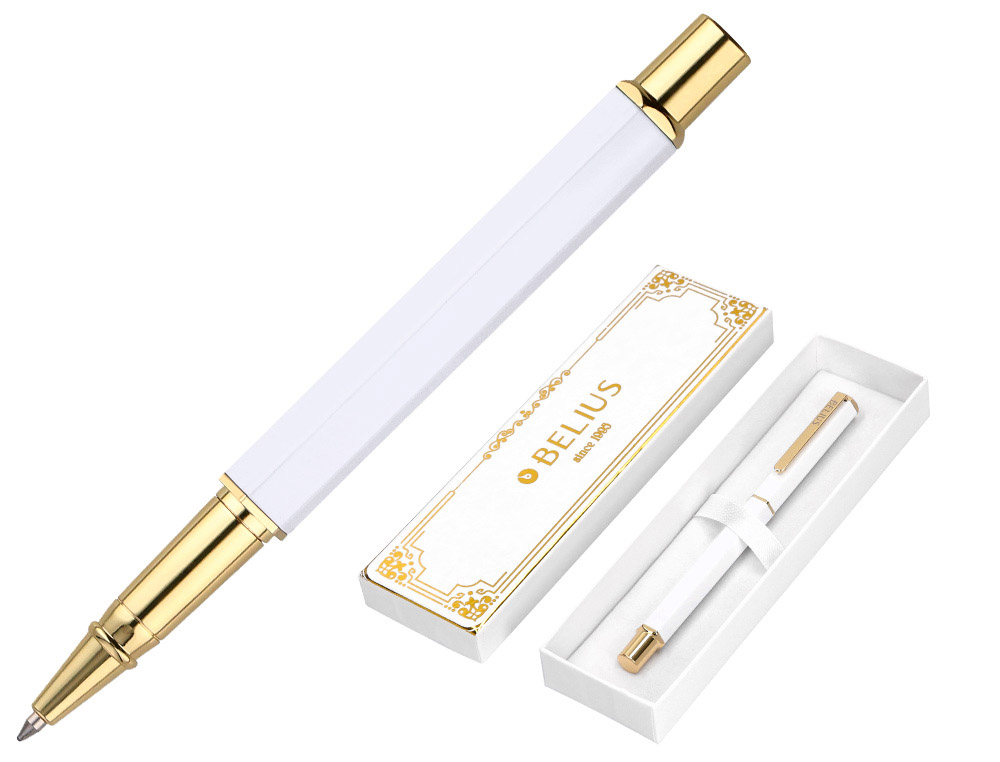 BOLIGRAFO BELIUS MACARON BLISS FORMA HEXAGONAL COLOR BLANCO Y DORADO TINTA AZUL CAJA DE DISEO