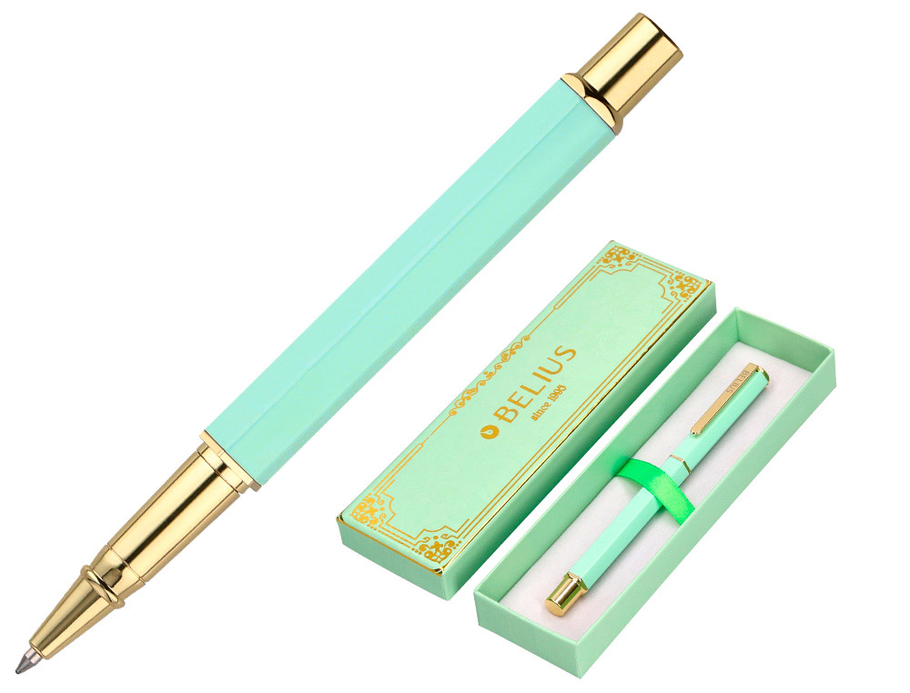 BOLIGRAFO BELIUS MACARON BLISS FORMA HEXAGONAL COLOR VERDE DORADO TINTA AZUL CAJA DE DISEO