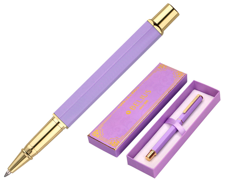 BOLIGRAFO BELIUS MACARON BLISS FORMA HEXAGONAL COLOR MORADO Y DORADO TINTA AZUL CAJA DE DISEO