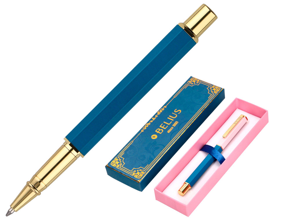 BOLIGRAFO BELIUS MACARON BLISS FORMA HEXAGONAL COLOR ROSA/ AZUL Y DORADO TINTA AZUL CAJA DE DISEO