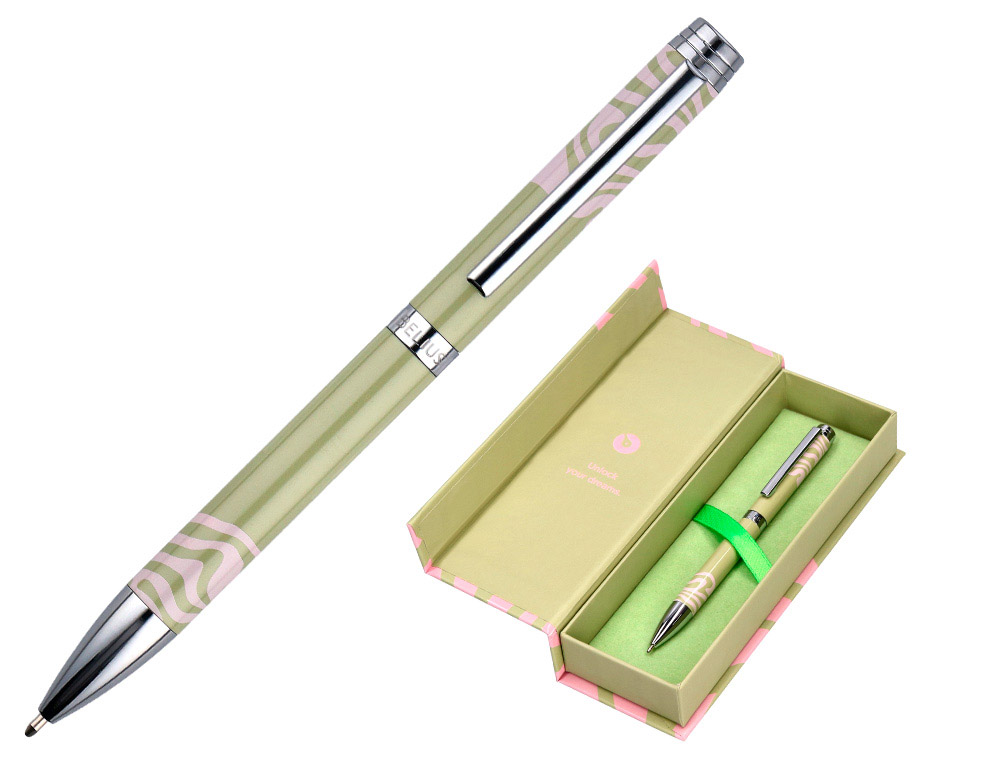 BOLIGRAFO BELIUS INK DREAMS ALUMINIO COLOR VERDE MATCHA Y ROSA PLATEADO FRASE INTERIOR TINTA AZUL CAJA DE DISEO