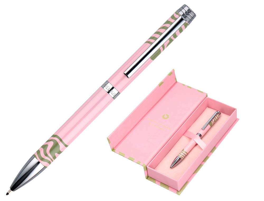 BOLIGRAFO BELIUS INK DREAMS ALUMINIO COLOR ROSA Y VERDE MATCHA PLATEADO FRASE INTERIOR TINTA AZUL CAJA DE DISEO