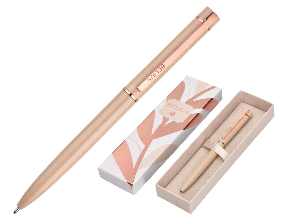 BOLIGRAFO BELIUS ROSE ALUMINIO COLOR BEIGE CLARO ORO ROSA TINTA AZUL CAJA DE DISEO