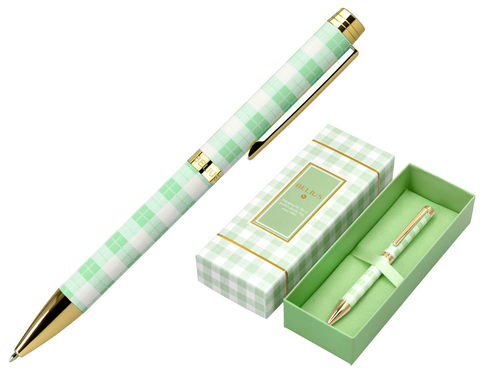BOLIGRAFO BELIUS PICNIC ALUMINIO COLOR VERDE DORADO TINTA COLOR AZUL CAJA DE DISEO