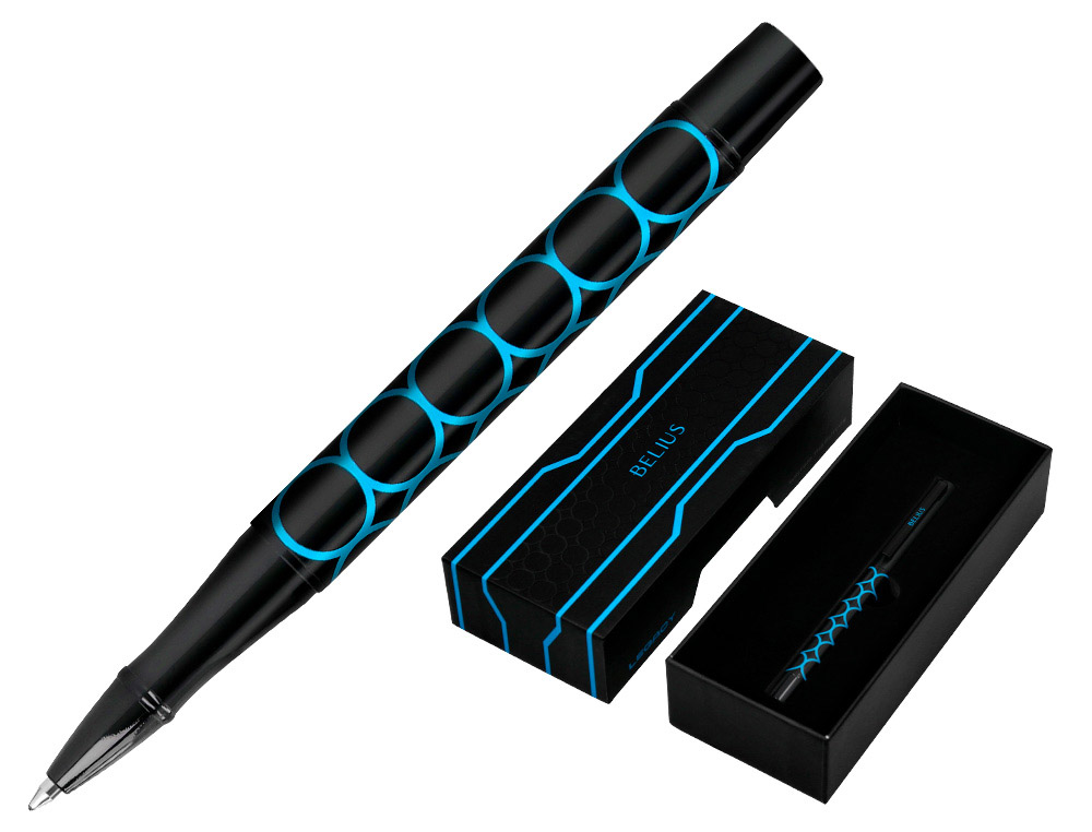 BOLIGRAFO BELIUS LEGACY ALUMINIO DISEO CIRCULOS AZUL CUERPO NEGRO TINTA COLOR AZUL CAJA DE DISEO