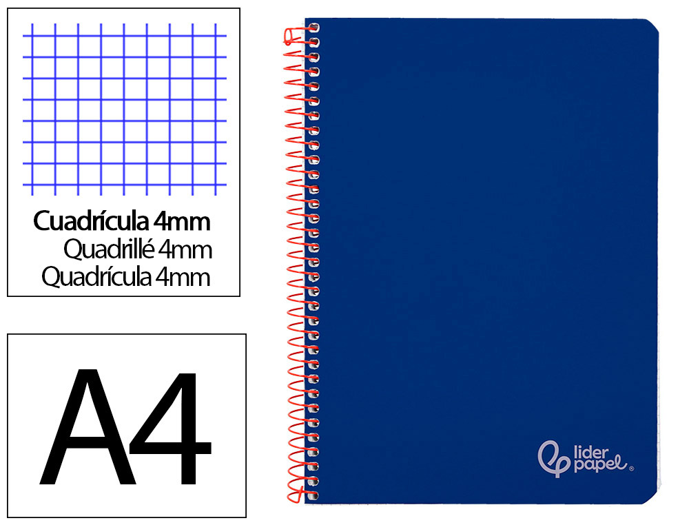 CUADERNO ESPIRAL LIDERPAPEL A4 WITTY TAPA DURA 80H 90GR CUADRO 4MM CON MARGEN COLOR AZUL OSCURO