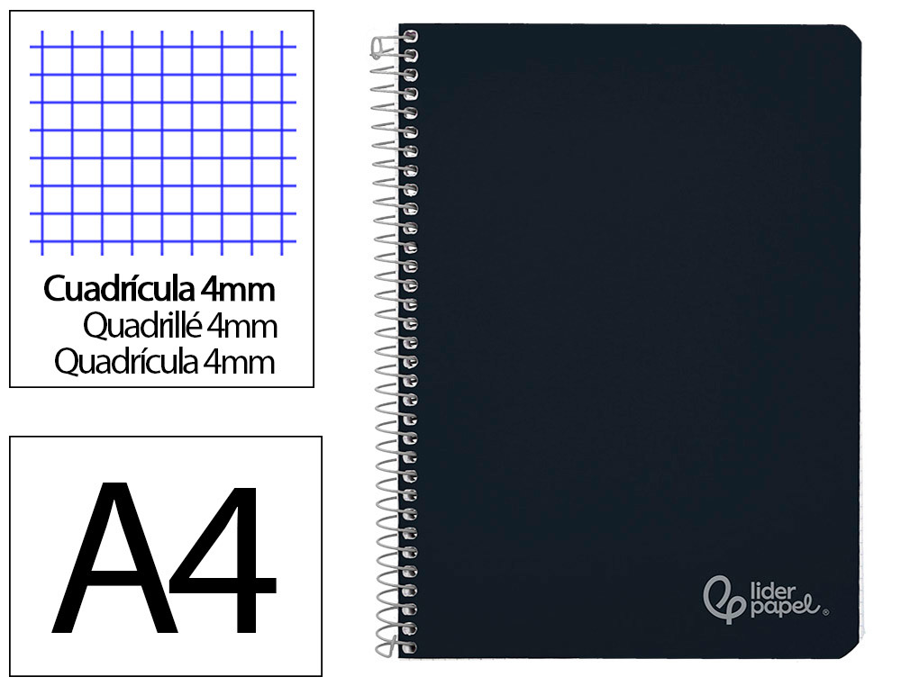 CUADERNO ESPIRAL LIDERPAPEL A4 WITTY TAPA DURA 80H 90GR CUADRO 4MM CON MARGEN COLOR NEGRO