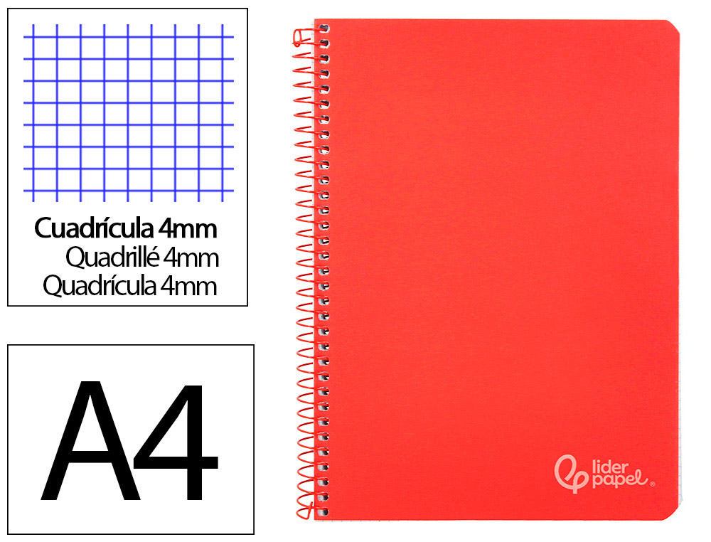 CUADERNO ESPIRAL LIDERPAPEL A4 WITTY TAPA DURA 80H 90GR CUADRO 4MM CON MARGEN COLOR ROJO